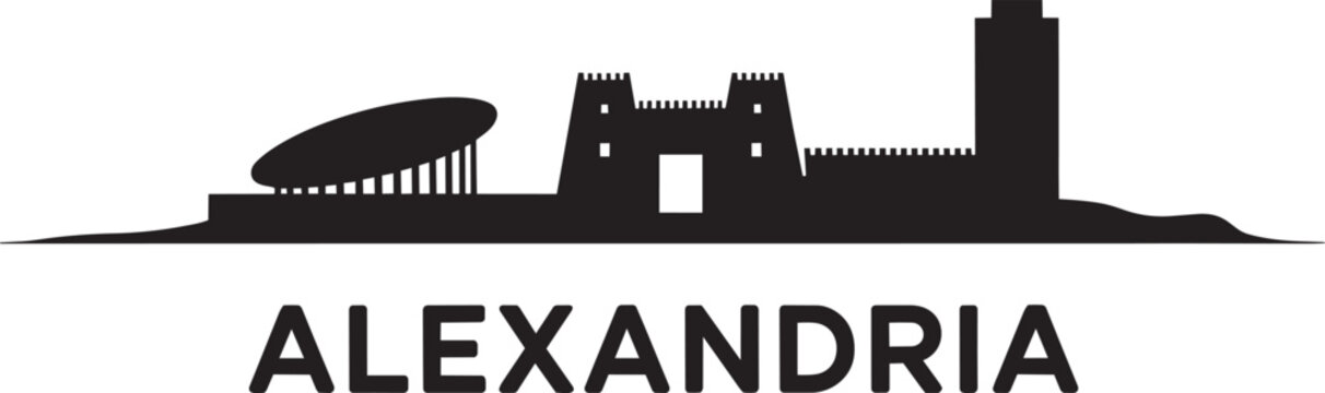 Alexandria city skyline library and qaitbay citadel minimalist silhouette on white in outline style