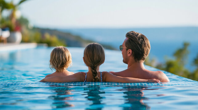 Rear view of a family relaxing together in a luxury tropical villa infinity pool with ocean view, family luxury vacation concept, tropical pool family photography, resort