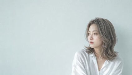 Fototapeta premium 白シャツ女性の静かな正面ポートレート