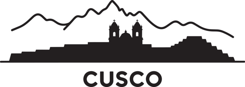 Cusco Peru cityscape skyline showing cathedral mountains and ancient inca terraces historical city