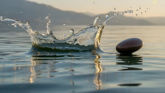 Smooth stone skipping across calm water surface with splash frozen in motion captured in dynamic high speed photography showing energy movement and realistic outdoor action detail.