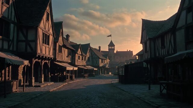 Medieval street with timber buildings in realistic style on sunrise sky background, concept of history and ancient town life