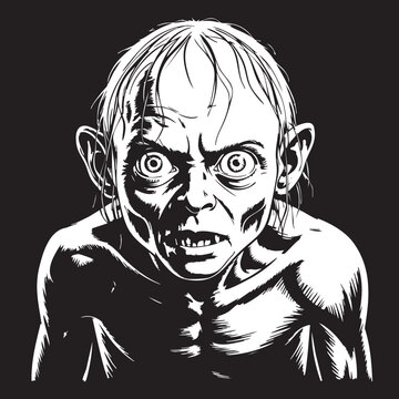 A menacing illustration of Gollum with a twisted face and body