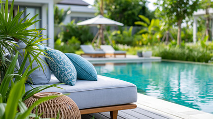Obraz premium Close-up of a Bali villa luxurious outdoor pool area with modern furniture and tropical plants, resort outdoor living concept, Bali luxury pool photography, tropical garden pool,