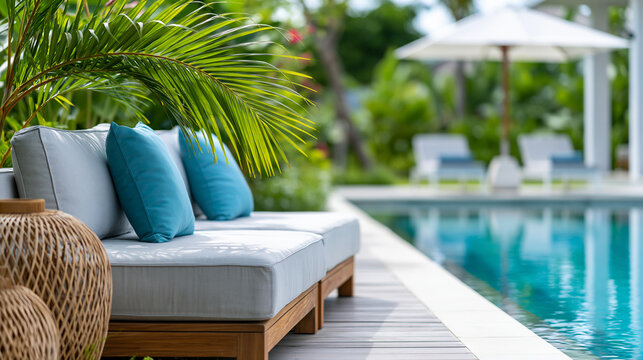Close-up of a Bali villa luxurious outdoor pool area with modern furniture and tropical plants, resort outdoor living concept, Bali luxury pool photography, tropical garden pool,