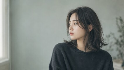Fototapeta premium 窓辺の黒ニット女性を写した静かな横顔
