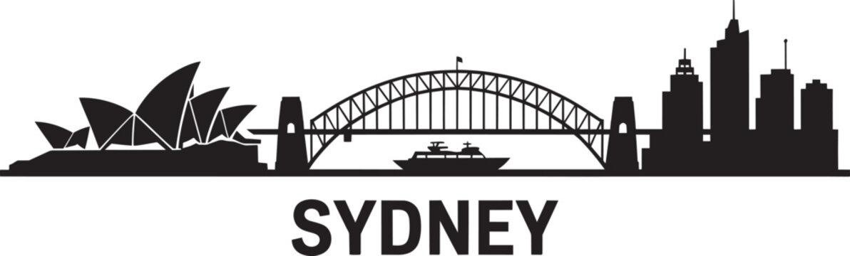 Sydney Australia cityscape with famous landmarks opera house harbour bridge and a boat in solid