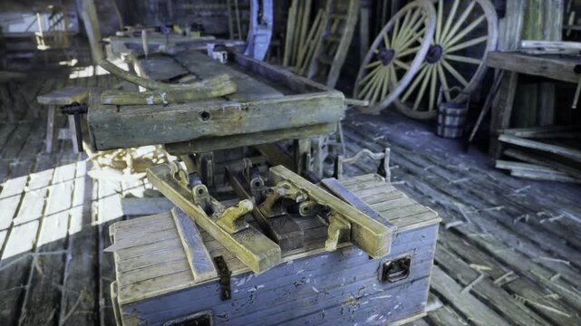 Wide view of vintage carpentry shop with central workbench, scattered jigs and wheel parts, morning light reveals dusty textures, stacked lumber and tools
