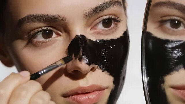 Brush touching nose bridge applying black mask on model nose, cheek in studio, mirror for demo