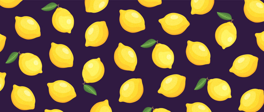 Vector yellow lemons seamless pattern on dark purple background. Vector citrus fruit illustration for wallpaper and textile design. Summer organic lemonade texture. Top view of fresh lemon shape