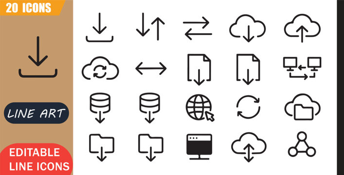 Isolated download upload icons set, 20 editable line art icons set, transfer cloud file data internet sync storage network, cloud transfer tools, minimal clean outline vector