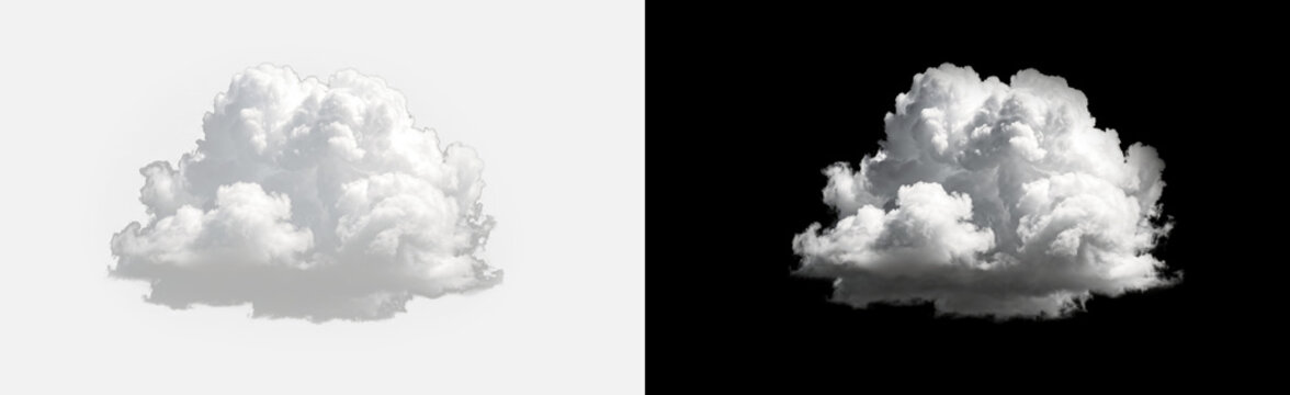 Large white cumulus cloud isolated on transparent background, wide fluffy billowing sky cloud with crisp edges and soft grey underside, realistic weather atmosphere overlay PNG