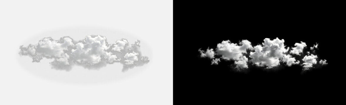 White cumulus cloud cluster isolated on transparent background, group of small fluffy puffball clouds in wide horizontal formation, realistic sky weather atmosphere overlay PNG