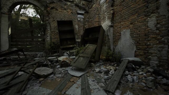 Interior ruin with scattered debris and mossy doorframes, damp brickwork and fractured flooring, atmosphere suited to restoration planning, conservation study