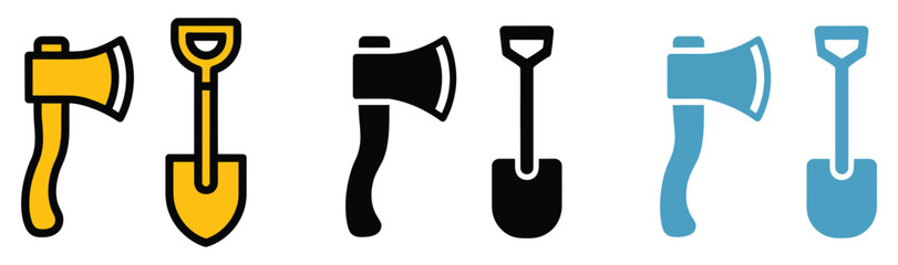 Axe and shovel icons featuring outdoor gardening and construction tools for camping, survival, and work equipment vector illustration design. © MASUD MONY