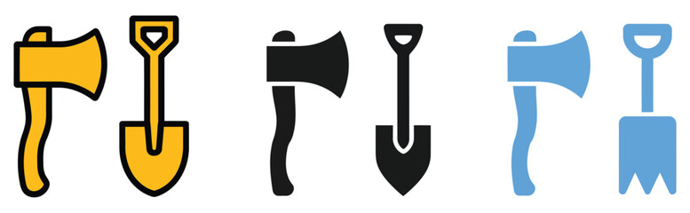 Axe and shovel illustration set showing gardening, camping, and construction tools for outdoor survival, work gear, and equipment design concepts. © MASUD MONY