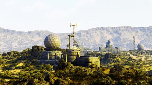 Desert radar outpost with domes and antennas, isolated telemetry hub on scrubland, warm dusk light casting long shadows, rugged hills framing background,
