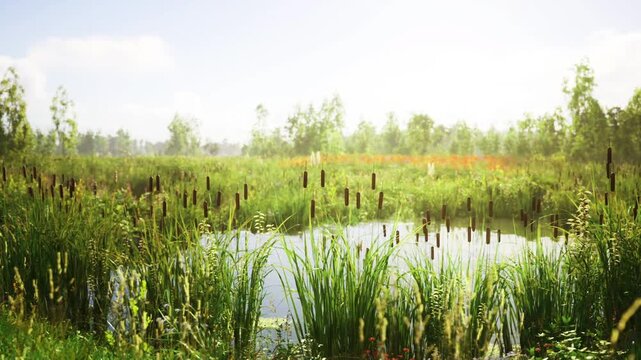 Sunlit cattail marsh with reflective pond ecologist surveying habitat, soft morning mist, tall grasses and sedge, calm water mirroring open sky, emphasis