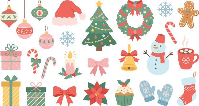 Collection of christmas holiday clipart icons set with ornaments tree wreath snowman and presents
