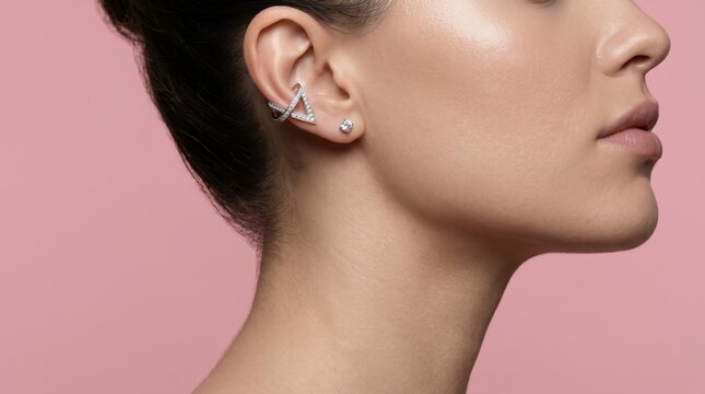 Closeup side profile portrait of a woman with glowing skin and minimal ear jewelry on soft pink background, showcasing modern beauty and luxury fashion style.