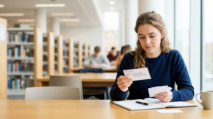 Obraz premium Young woman studying biology with flashcards in a university library. Focused female college student preparing for exams at a desk with notebook and pen. Higher education and learning concept