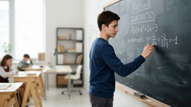 Teen boy writing math equations on a blackboard in a classroom. Student solving algebra problems during a lesson