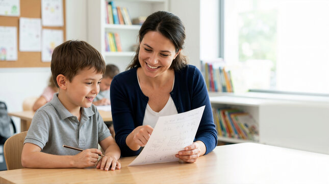 Smiling teacher helping a young boy with his assignment at a desk in a classroom. Supportive female educator explaining notes on paper to an elementary student. One on one tutoring