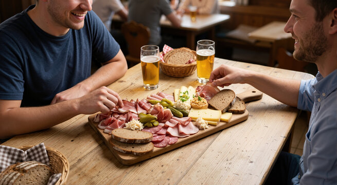 Two men sharing a traditional brettljause platter with beer. Social dining experience in a rustic tavern