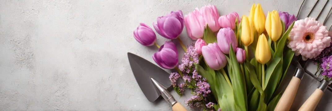 Gardening background banner design. Spring garden works. Horticulture tools and summer flowers over gray stone concrete, top view. Wide poster placard empty copy space. Flower shop, plant nursery