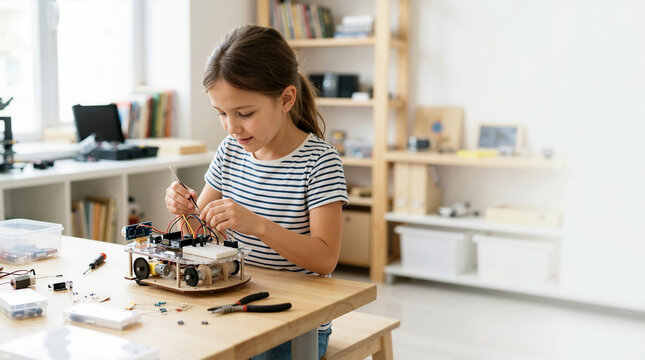 Young girl building a robotic car project at a desk. Focused elementary student connecting electronic wires on a breadboard. STEM education and technology learning concept