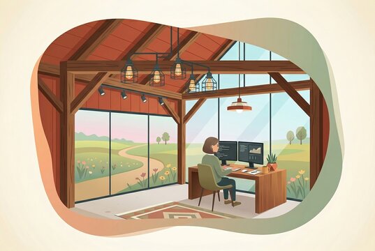 Female programmer working on double monitors inside modern barn conversion with large panoramic windows