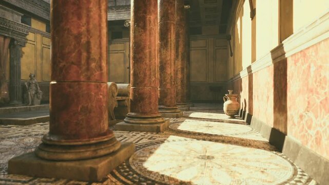 Morning corridor glowing with mosaic light, soft shadows and urns near portico, quiet preparations implied and calm historic atmosphere ideal for contemplative