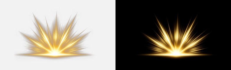 Gold explosion burst isolated on transparent background, glowing golden radial spike ray effect, bright energy impact light shine, shimmering dynamic glow overlay, blast cutout, burst PNG © Pixora