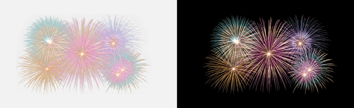 Colorful fireworks display isolated on transparent background, glowing multicolor celebration burst effect, festive sparkle shower shine, shimmering party glow overlay, fireworks png, cutout