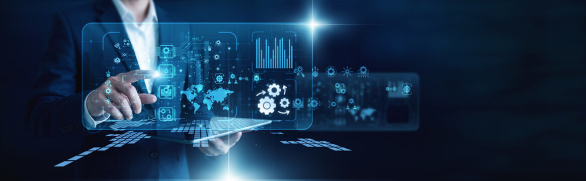 Robotic systems tech. Engineer hand touch controls working on tablet, programming smart logic and tasks. Maximizing output efficiency through industrial automation solutions today.