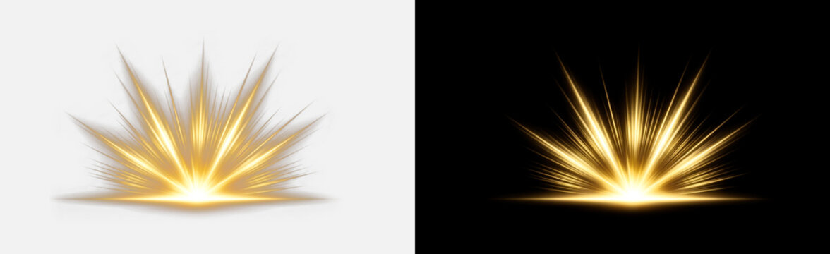Gold explosion burst isolated on transparent background, glowing golden radial spike ray effect, bright energy impact light shine, shimmering dynamic glow overlay, blast cutout, burst PNG
