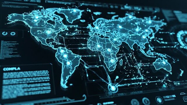 Digital world map glowing network connection with futuristic technology interface showcasing global communication data flow and digital currency exchange visualization in blue light design