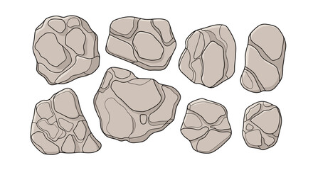 Natural stone boulders collection vector illustration with various shapes and textures isolated on white background. © Emongrapic