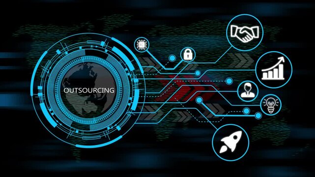 Digital outsourcing design and futuristic user experience concept infographic, Glowing circular dashboard with business, technology, icons and integrated network. world map background