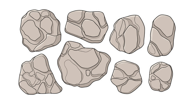 Natural stone boulders collection vector illustration with various shapes and textures isolated on white background.
