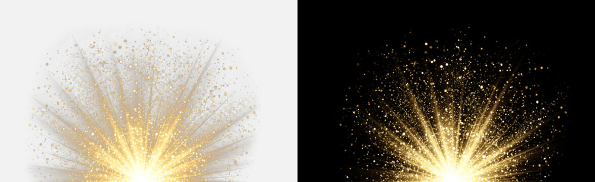 Gold glitter explosion isolated on transparent background, sparkling particle burst shine effect, radiant golden dust spray overlay, shimmering starburst confetti glow, glitter cutout, glitter PNG