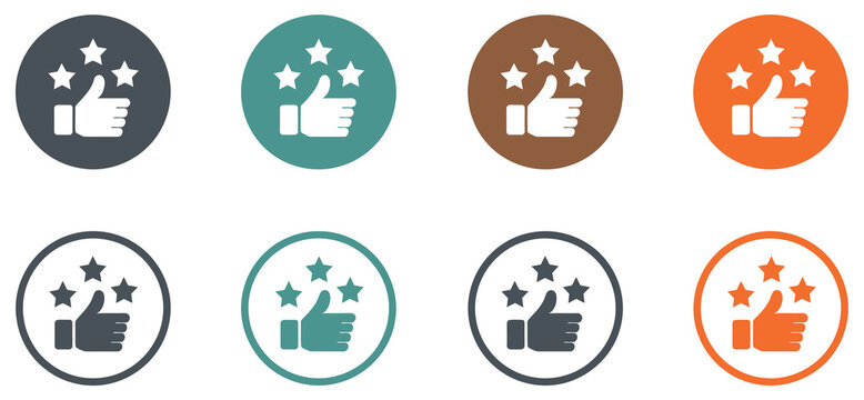Thumbs up hand with star rating symbols showing review and feedback icons for customer satisfaction, quality rating, and approval system vector design use.