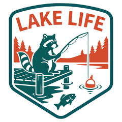 Vintage "Lake Life" Badge with Funny Raccoon Fishing on a Dock - Retro Outdoors Graphic for T-Shirt Design © prettygfx