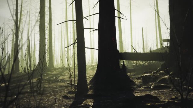 Sunrise highlights remaining charred wood and soil conditions. Early sunlight caresses scorched tree trunks as researcher records soil health after blaze