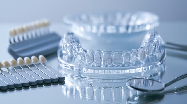 Clear aligner shade guide dental mirror placed on sterile surface with orthodontic model metal mirror shade tabs reflective acrylic tray blue clinical lighting closeup detail orthodontist workspace