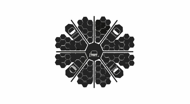 Abstract circular pattern of cars in a futuristic transportation hub