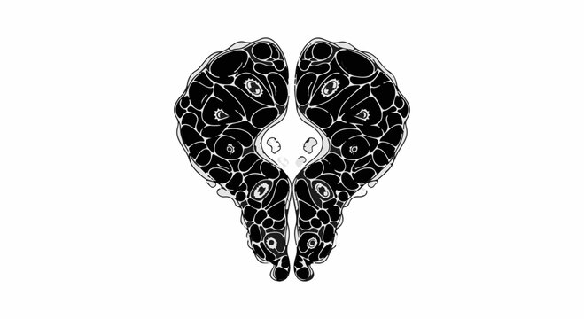 Surreal symmetry of black organic shapes forming abstract wings with hidden faces