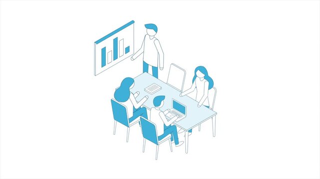 Business people outline isometric. Teamwork in office concept. Data analysis concept with characters.Collaborative work stroke footage.