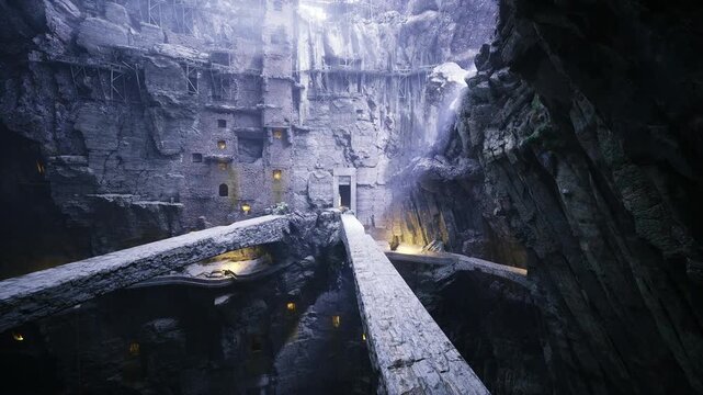 Ancient stone bridges cross deep cavern, waterfall shaft slicing through vaulted rock, scattered golden embers drifting in humid air, weathered arches