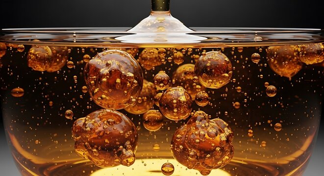 A close-up view of golden copaifera officinalis resin extract suspended in a glass container with bubbles creating an abstract and natural aesthetic effect